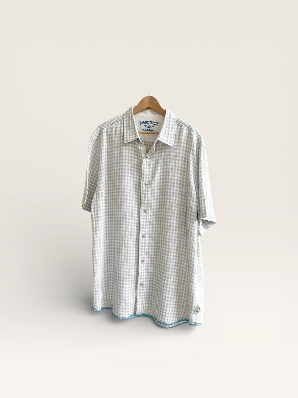 Margaritaville Men’s 100% Linen Short Sleeve Collared Shirt Gingham Beige XXL